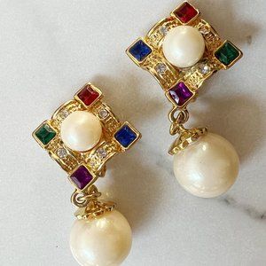 Gold Plated Earrings with Rhinestones Faux Pearl Drop, Vintage 80s